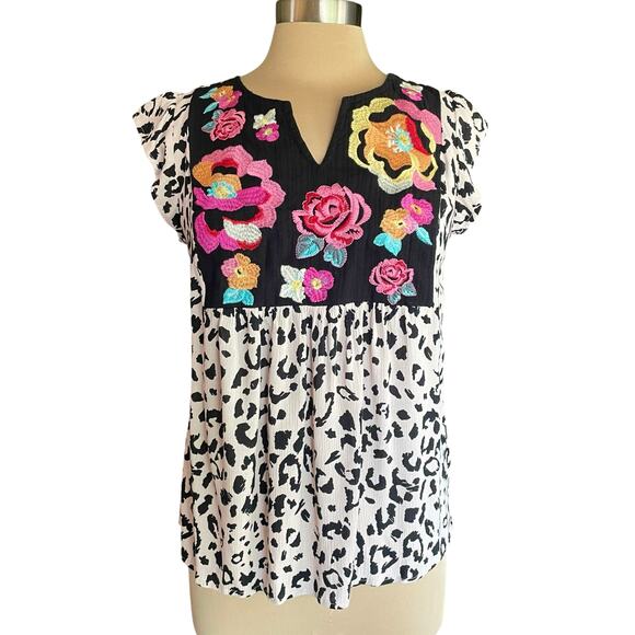 Savanna Jane Animal Print Floral Embroidery Top SMALL Boho Western Casual Summer - Picture 1 of 7